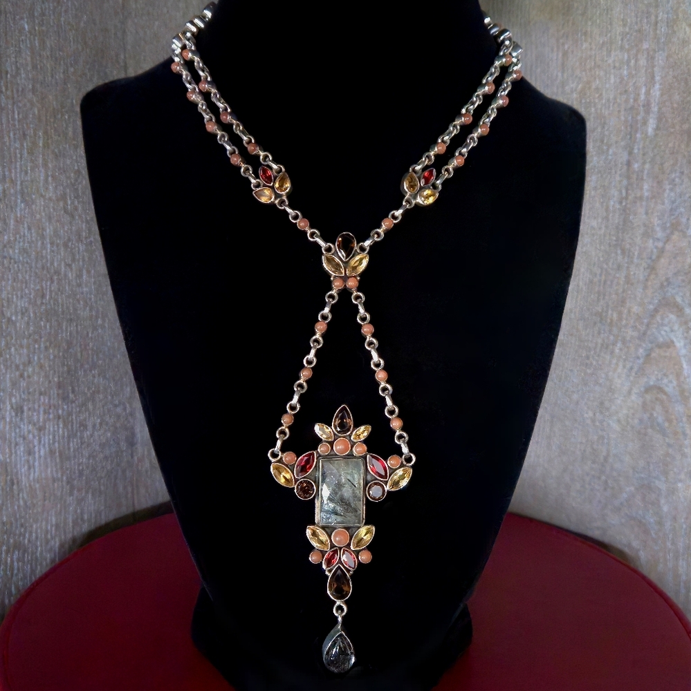 Nicky Butler Gold-Tone Necklace with Multicolor Amber, Red and Pink Stones